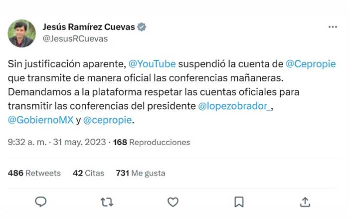 YouTube suspende cuenta de Cepropie que transmite las mañaneras de AMLO 1 sdf 2
