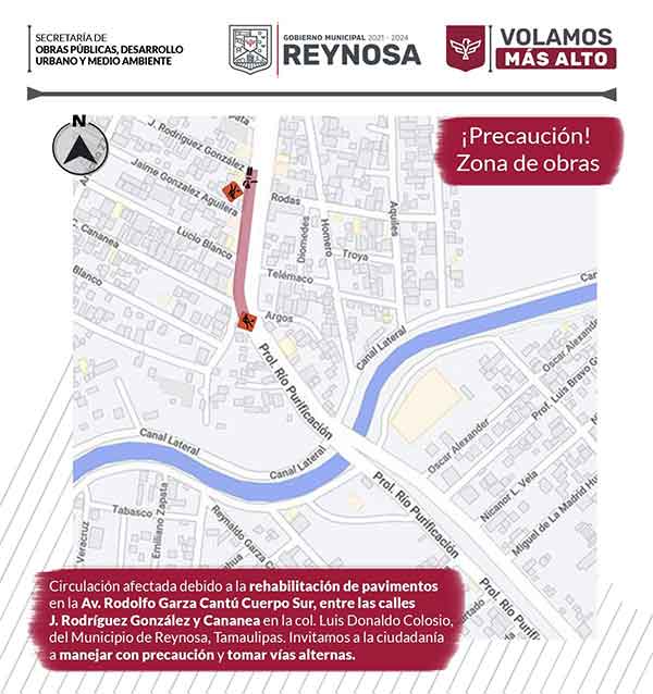 Aviso de cierre de vialidad en colonia Colosio de Reynosa 1 OBRA 2