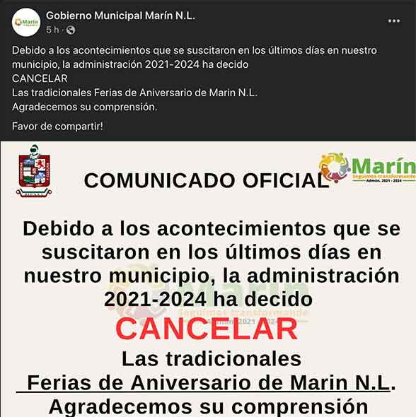 Por la inseguridad, cancelan fiestas de Marín, NL 1 TUIT