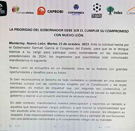Cuestiona la IP regia aspiración presidencial de Samuel 1 COMUNICADO