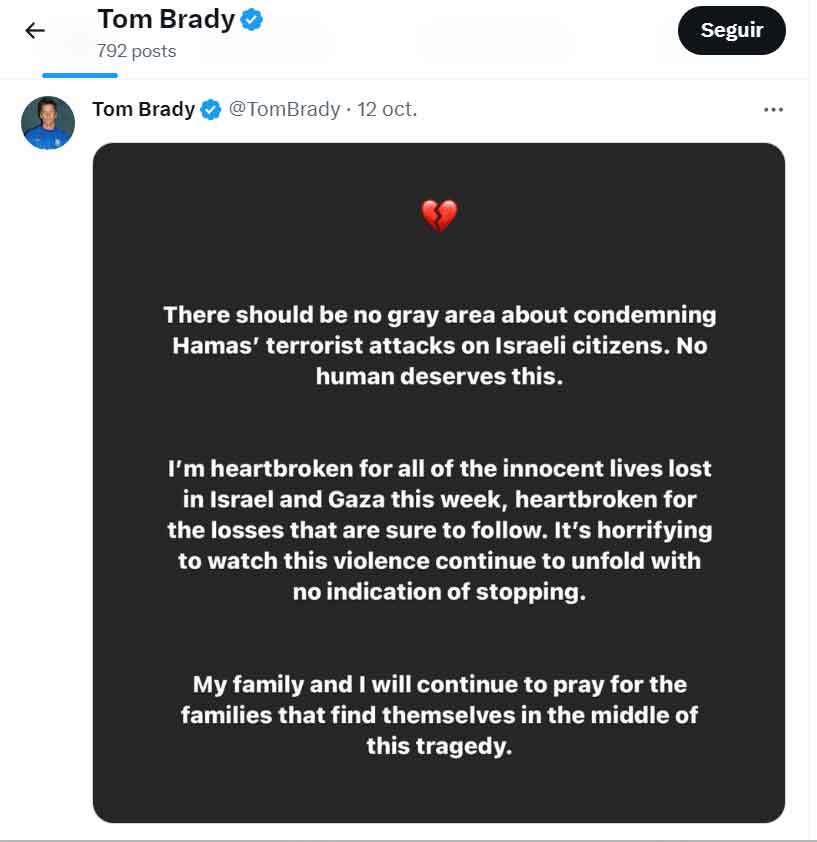 Tom Brady publica mensaje condenando ataques de Hamás 1 TUIT 1