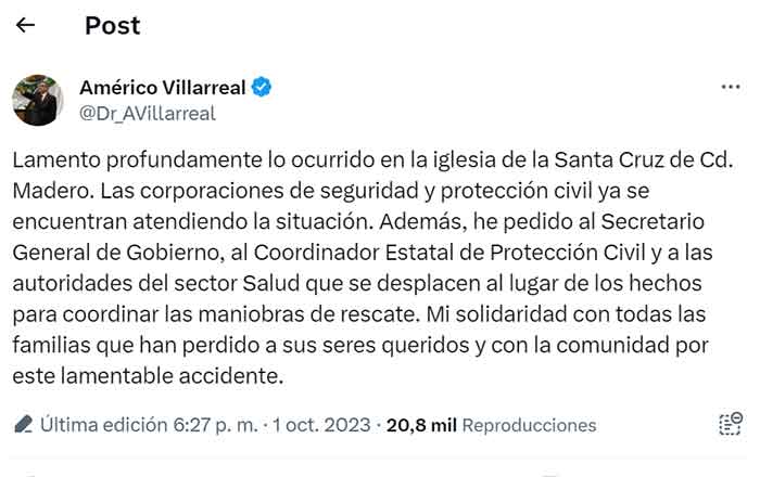 Atiende Gobierno de Tamaulipas emergencia en Madero 1 TUIT