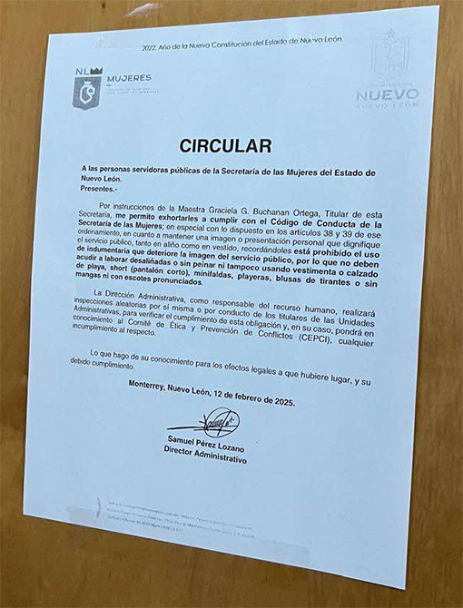 Imponen códigos de vestimenta a mujeres… ¡en Secretaría de las Mujeres! 1 CIRCULAR