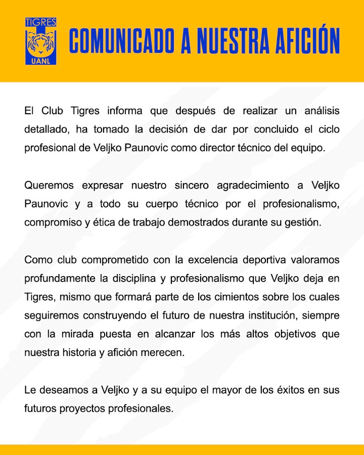 Fuera Veljko Paunovic, anuncia Tigres 1 476485609 2817528565120973 465733056565410628 n