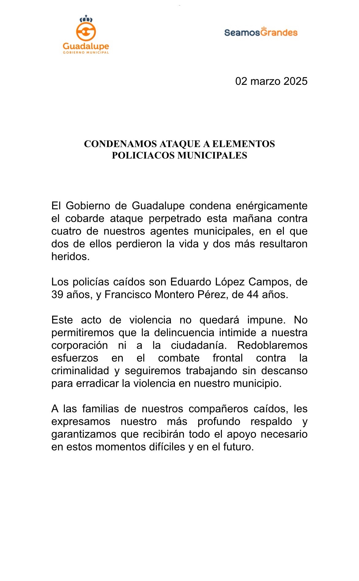 Condena Guadalupe ataque a policías; aseguran no quedará impune 1 476500313 1006176174244376 499941089256861629 n