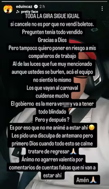 Eduin Caz se disculpa por cancelar su presentación en Mazatlán 1 TUIT