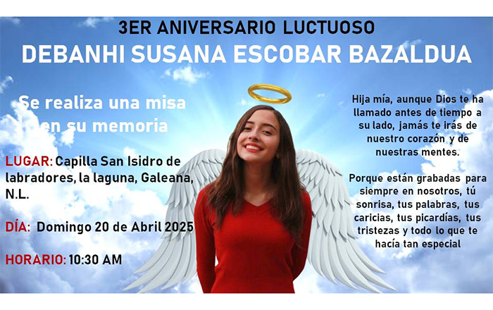 Anuncian misa en memoria de Debanhi Escobar en Galeana 1 DEBANHI ESCOBAR