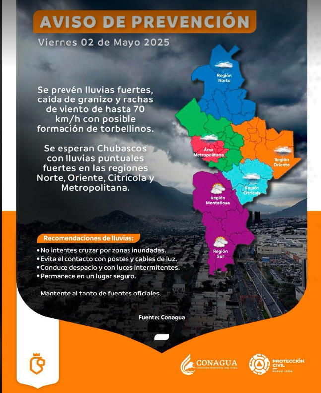 Se esperan fuertes lluvias y torbellinos para este fin de semana en Nuevo León 1 AVISO 2