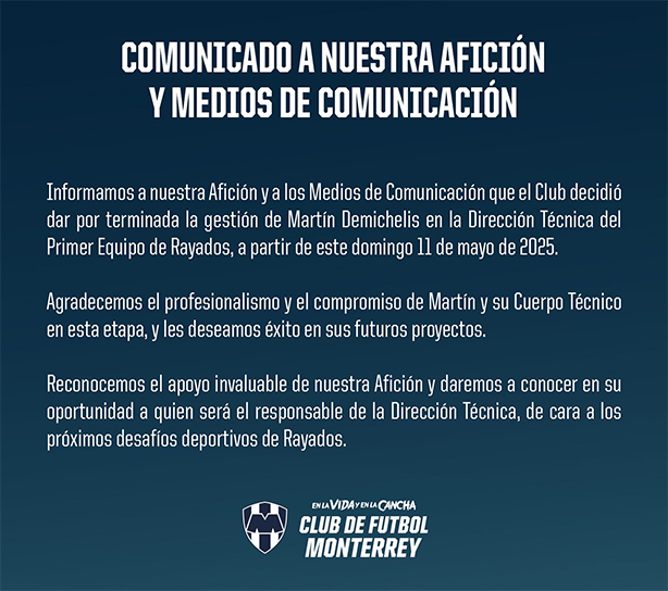 Oficial: Demichelis es despedido de Rayados 1 COMUNICADO