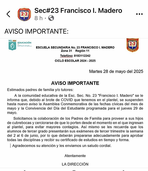 Confirma secundaria de Monterrey brote de Covid-19 1 COMUNICADO 1