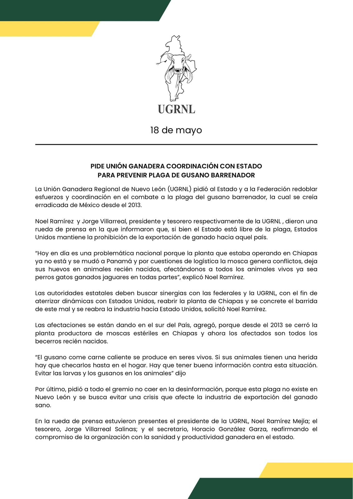 Unión Ganadera pide a Gobierno combatir gusano barrenador 1 WhatsApp Image 2025 05 18 at 6.11.35 PM