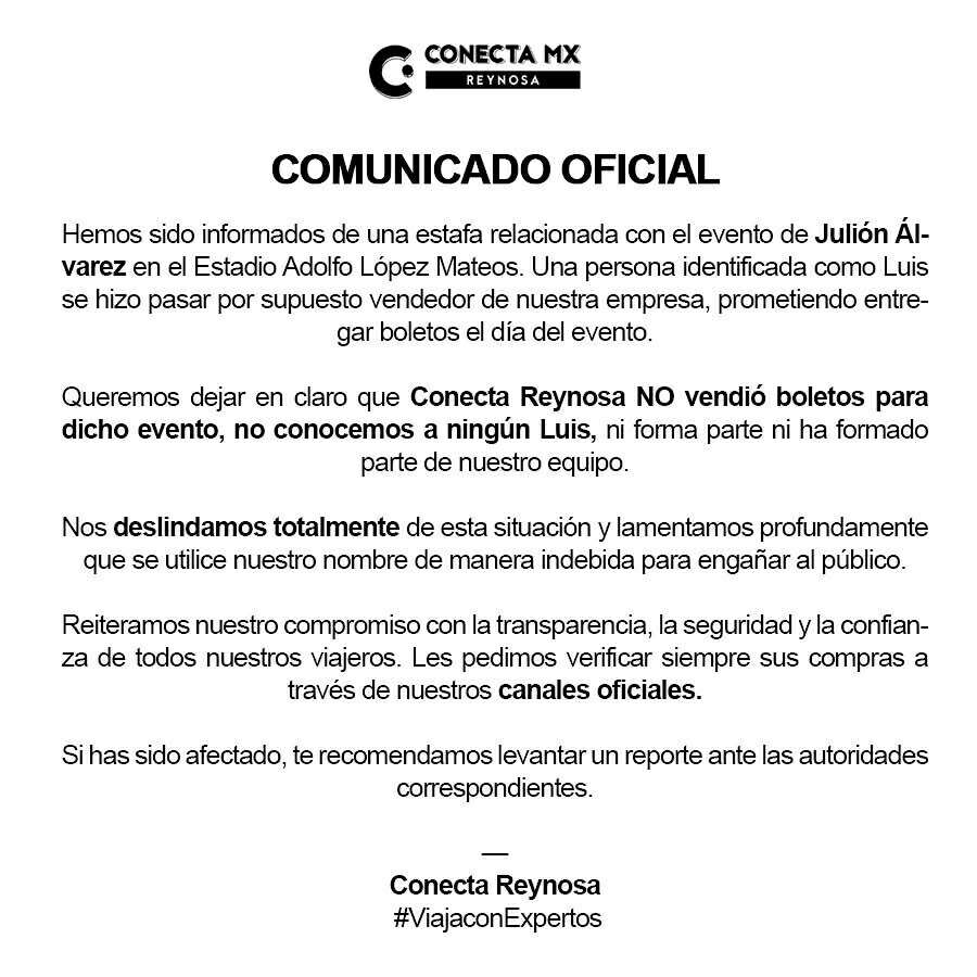 Advierte Conecta Reynosa fraude en venta de boletos para evento de Julión Álvarez 1 comunicadoJulion
