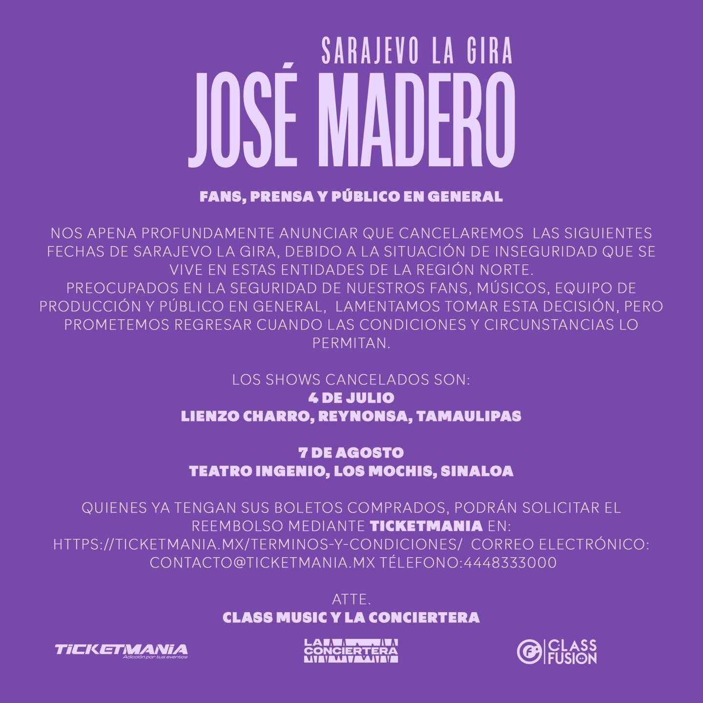 Cancelan conciertos de José Madero en el norte de México por inseguridad 1 494579755 962171739203405 5451590773374052608 n