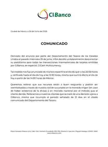 Desconecta VISA operaciones internacionales de CIBanco, por lavado de dinero 1 CI BANCO