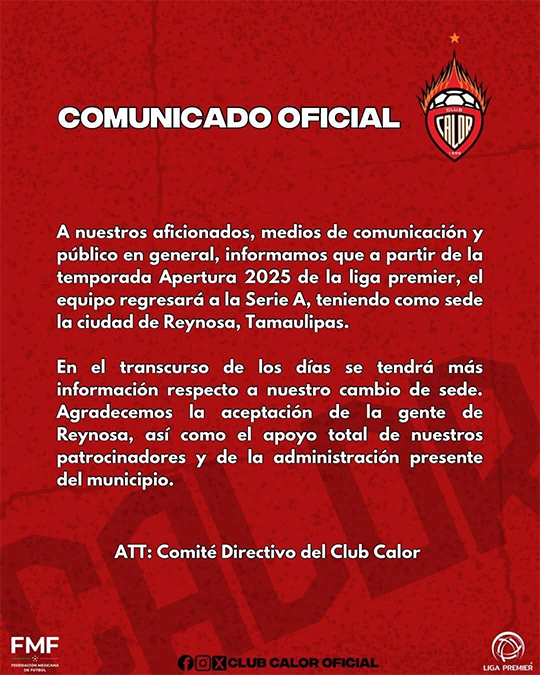 Regresa la Liga Premier a Reynosa 1 COMUNICADO CALOR