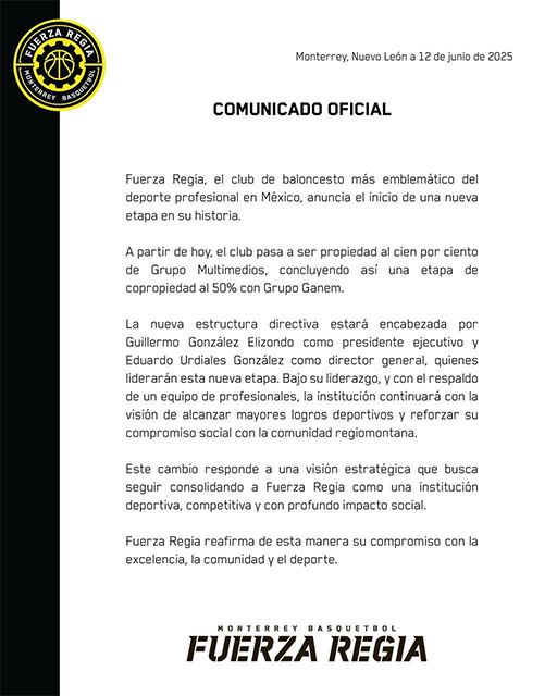 Fuerza Regia deja co-propiedad, inician nueva etapa 1 COMUNICADO