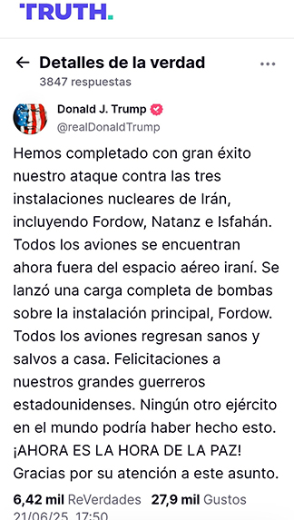 Confirma Trump ataque con aviones de EU a Irán 1 TUIT TRUMP