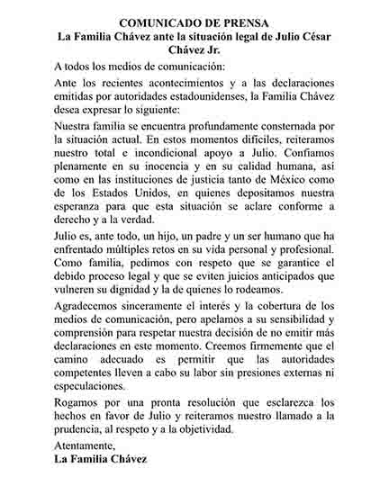 Familia de Chávez Jr. respalda al boxeador tras detención en EU 1 COMUNICADO
