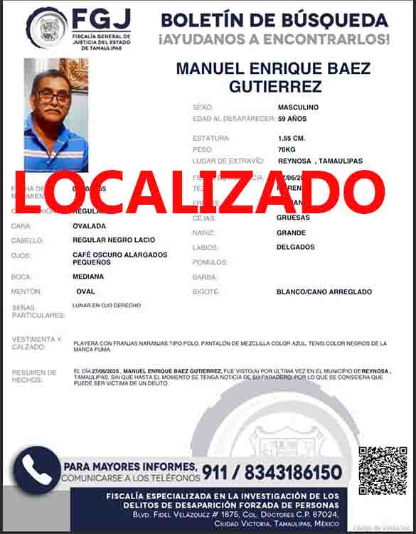 Localizan cuerpo de Manuel Báez, presunto desaparecido en Reynosa 1 FICHA
