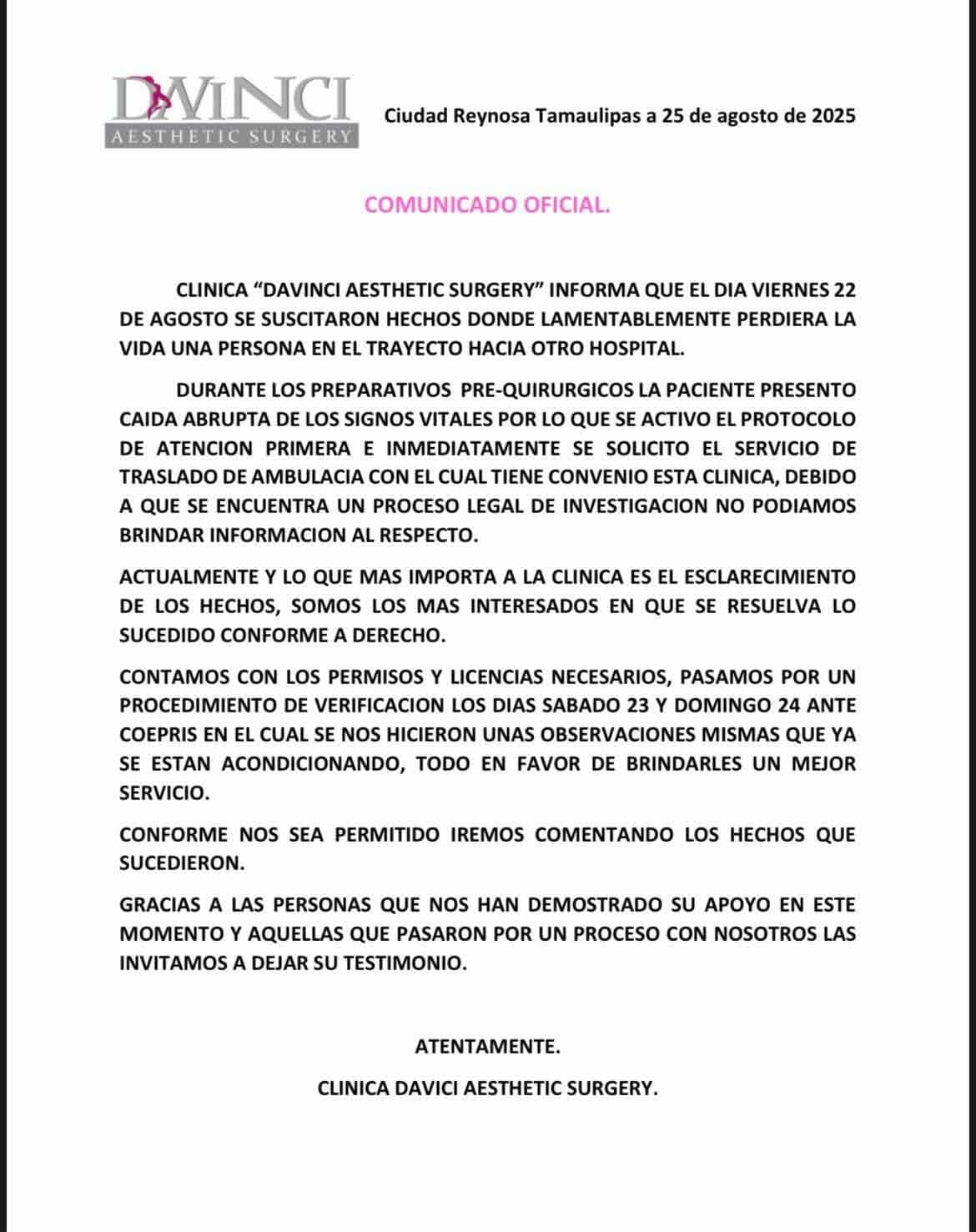 Aclara clínica Davinci que cuenta con permisos sanitarios; investigación continúa 1 COMUNICADO 2