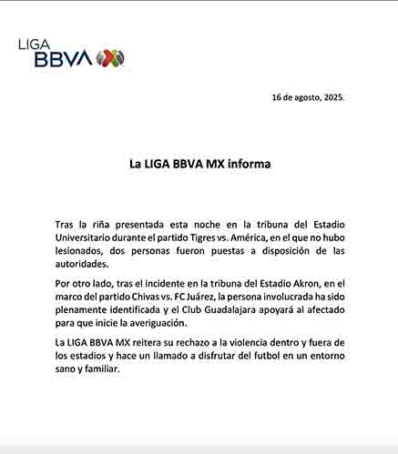 Surge violencia tras juego Tigres ante América; hay dos detenidos 3 COMUNICADO