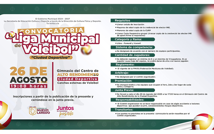 Invita Nuevo Laredo a participar en la Liga Municipal de Voleibol 'Ciudad Deportiva' 1 nvo