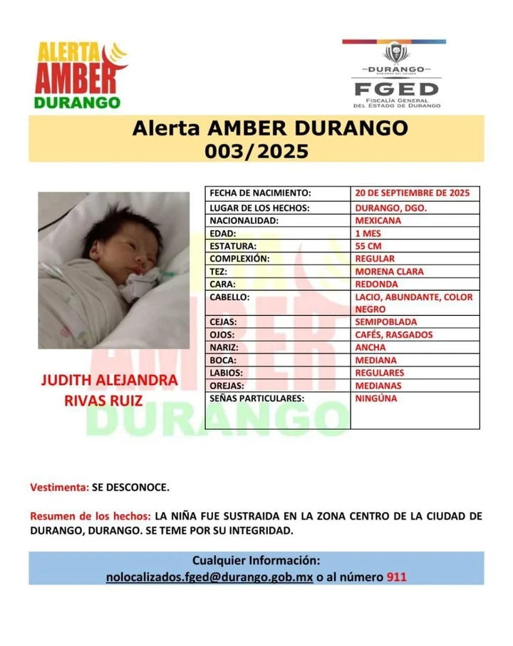 Emiten Alerta Amber por el robo de una bebé en Durango 1 1949795 1