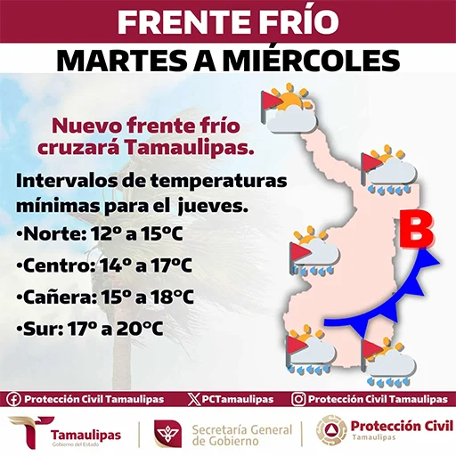 Advierte PC Tamaulipas descenso de temperatura a partir del martes 2 ANUNCIO