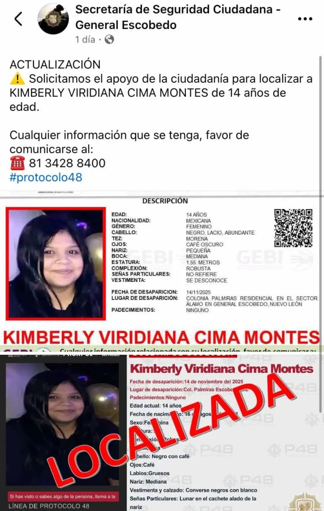 Autoridades de Escobedo reportan la localización de Kimberly Viridiana 1 582271139 1775272029855911 8577650565682157058 n