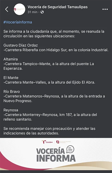 Reanudan circulación en varios tramos tras bloqueos de campesinos en Tamaulipas 1 AVISO TAM