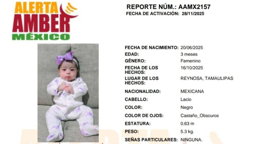 Activan Alerta Amber por desaparición de bebé de 5 meses en Reynosa