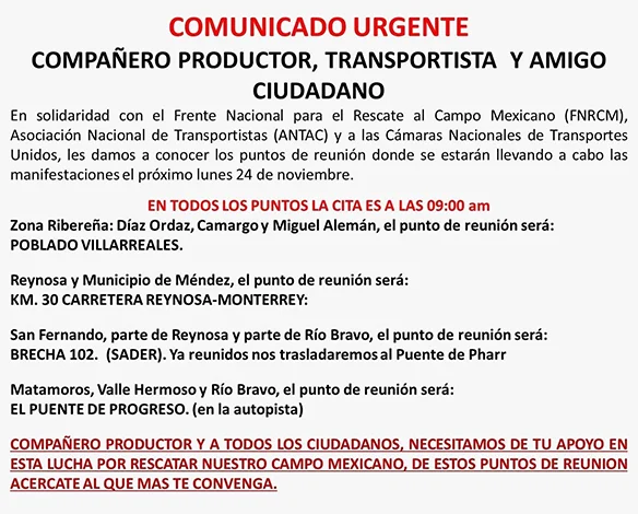 Agricultores y transportistas realizarán protestas este lunes 1 COMUNICADO 22