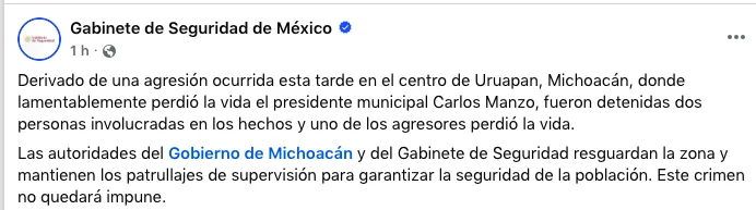 Confirma Gabinete de Seguridad muerte de alcalde de Uruapan tras atentado 1 Captura de pantalla 2025 11 01 a las 10.16.34 p. m