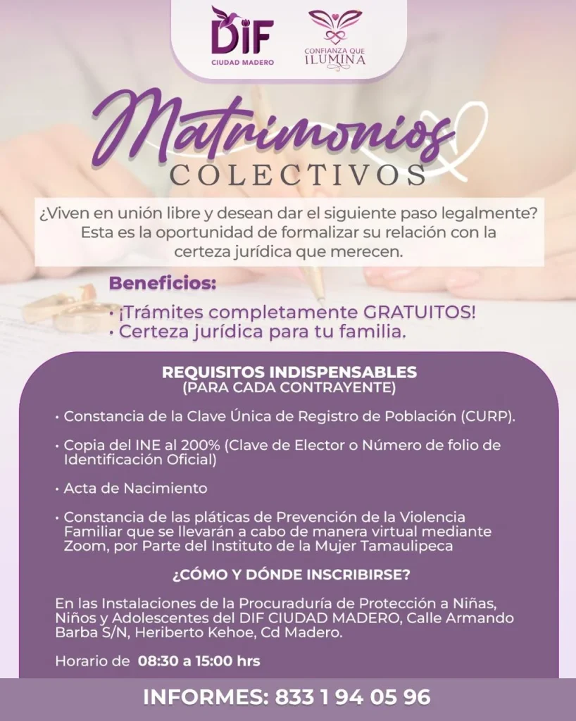 DIF Ciudad Madero invita a parejas maderenses a participar en la campaña de Matrimonios Colectivos 1 d85d223b 8efd 4c15 9242 6a212092fa66