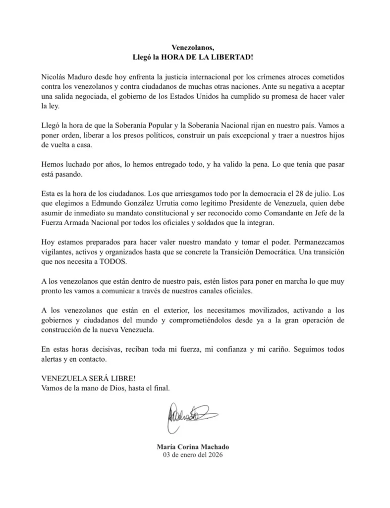 Machado se pronuncia tras ataque de EU a Venezuela 1 610721876 801590496235114 886321415621107425 n