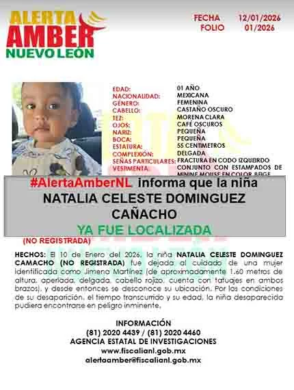 Localizan a bebé extraviada en Juárez, NL 1 ALRTA BEBE 2