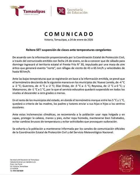 Reitera SET suspensión de clases ante temperaturas congelantes 1 COMUNICADO TAM FRIO