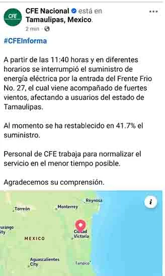 Provoca frente frío apagones en Victoria 1 POST CFE