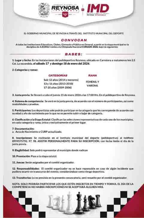 Invita Gobierno de Reynosa a inscribirse en torneo de ajedrez 1 POSTER 44