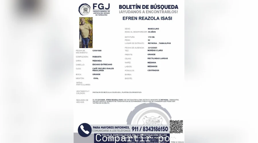 Reportan desaparición de Efrén Reazola Isasi en Reynosa
