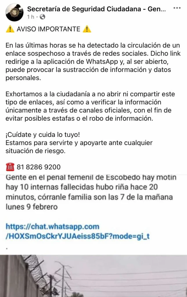 Alertan enlace sospechoso tras falsa publicación sobre motín en penal de Escobedo 2 627697607 1201068458880712 2000233597908084885 n