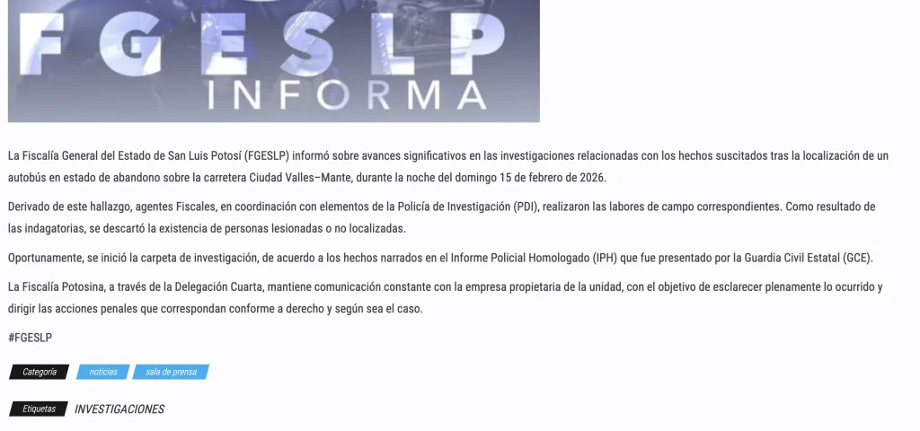 Descarta Fiscalía de SLP personas desaparecidas en caso de autobús abandonado 1 629812014 1817149142182411 6251386361763565371 n