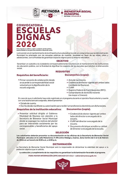 Convoca Carlos Peña Ortiz al programa 'Escuelas Dignas 2026' 1 cartel escuelas 34