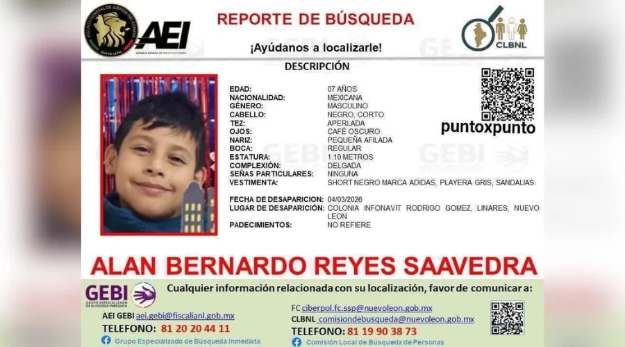 _Activan Alerta de búsqueda de menor desaparecido en Linares