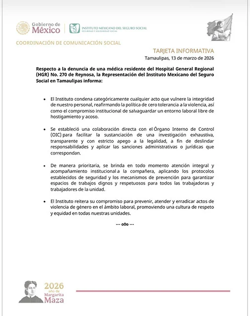 Anuncia IMSS investigación por denuncia de acoso sexual en Reynosa 1 CARTA IMSS 12