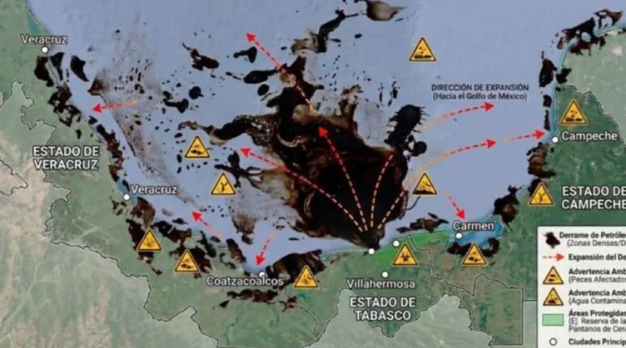La organización ambientalista Greenpeace México advirtió que el derrame petrolero en el Golfo de México, que se sigue extendiendo, ya suma un total de 630 kilómetros de línea de costa afectada.