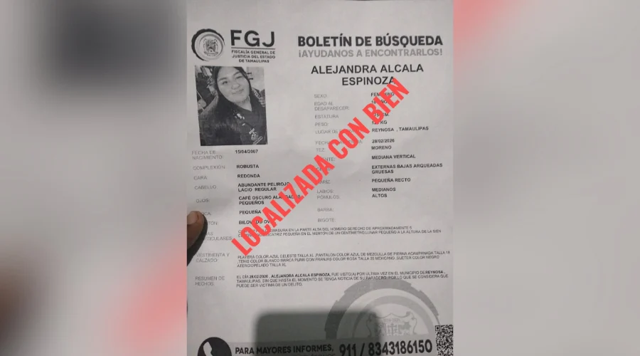 Localizan con vida a Alejandra, joven reportada como desaparecida en Reynosa