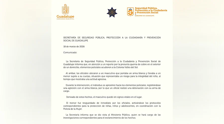 Secretaría de Seguridad Pública de Guadalupe confirma ataque de hombre con machete