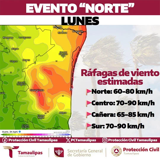 Advierten rachas de viento de hasta 120 km/h por frente frío 41 en Tamaulipas 1 vientos 22