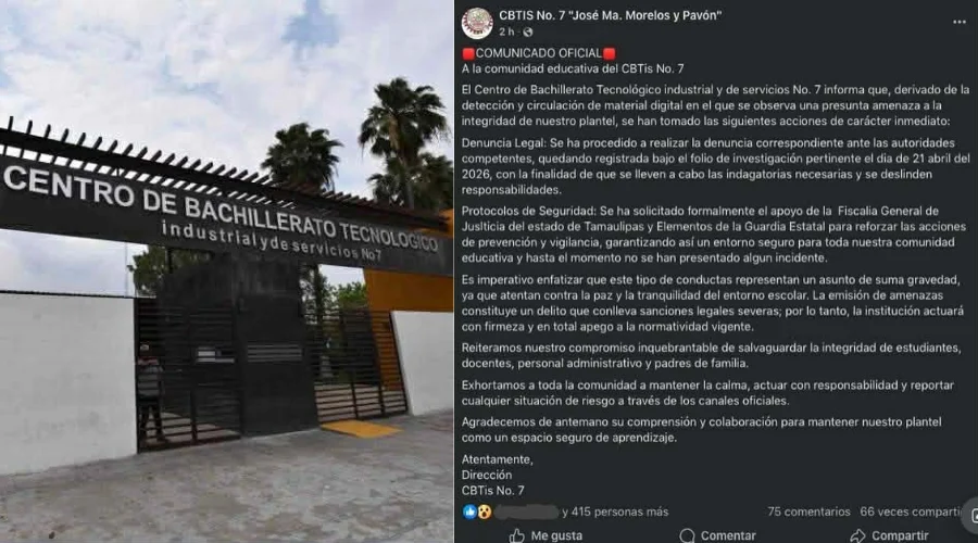 Una presunta amenaza de tiroteo al interior del CBTIS No. 7 “José Ma. Morelos y Pavón” encendió las alarmas entre la comunidad estudiantil y autoridades educativas, luego de que comenzara a circul